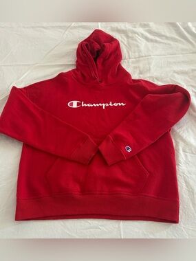 Champion Red Script Logo Hoodie – Men’s Medium